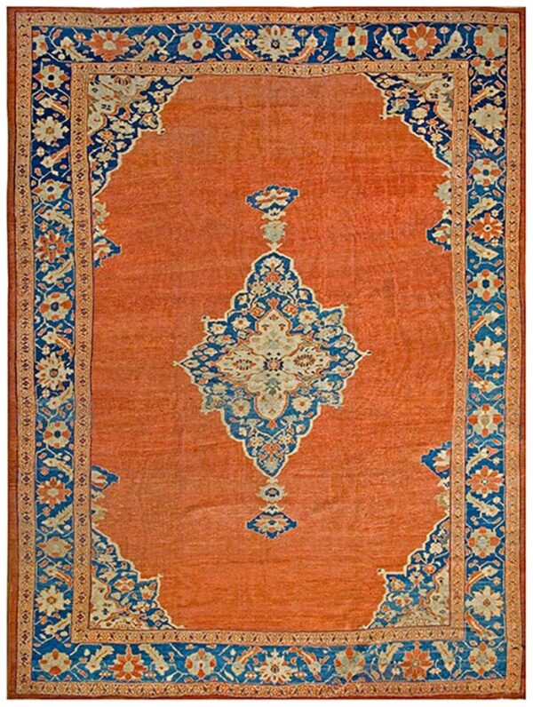 Antique persian sultanabad rug 9'6"×12' rust field, sky blue border, circa 1880