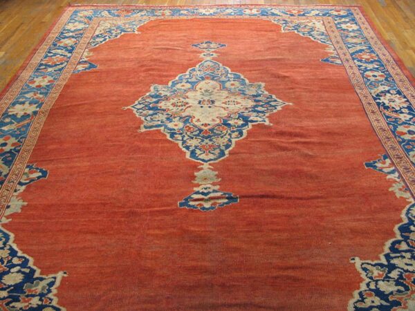 Antique persian sultanabad rug 9'6"×12' rust field, sky blue border, circa 1880 - detail view 3