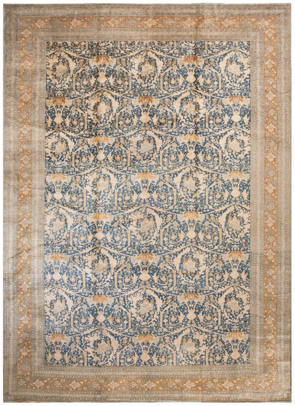 Antique persian tabriz carpet 11'6"×16' navy mostofi pattern, rust border, circa 1920