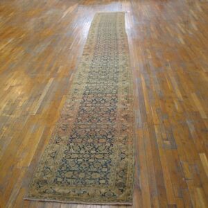 Antique Persian Tabriz Carpet 2'8"×22'6" Navy & Peach Long Runner, Early 20th Century - detail view 1