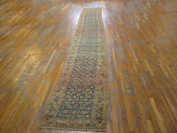 Antique persian tabriz carpet 2'8"×22'6" navy & peach long runner, early 20th century 2 Antique persian tabriz carpet 2'8"×22'6" navy & peach long runner, early 20th century - detail view 1