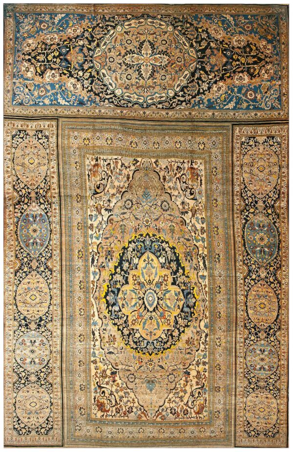 Antique persian tabriz haji jalili triclinium carpet 15'6"×22'10" tan & navy, circa 1880