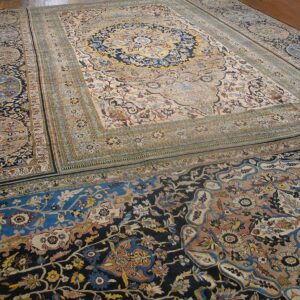 Antique Persian Tabriz Haji Jalili Triclinium Carpet 15'6"×22'10" Tan & Navy, Circa 1880 - detail view 1