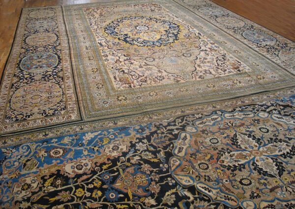 Antique persian tabriz haji jalili triclinium carpet 15'6"×22'10" tan & navy, circa 1880 - detail view 1