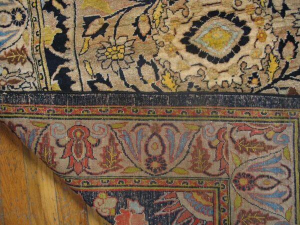Antique persian tabriz haji jalili triclinium carpet 15'6"×22'10" tan & navy, circa 1880 - detail view 2
