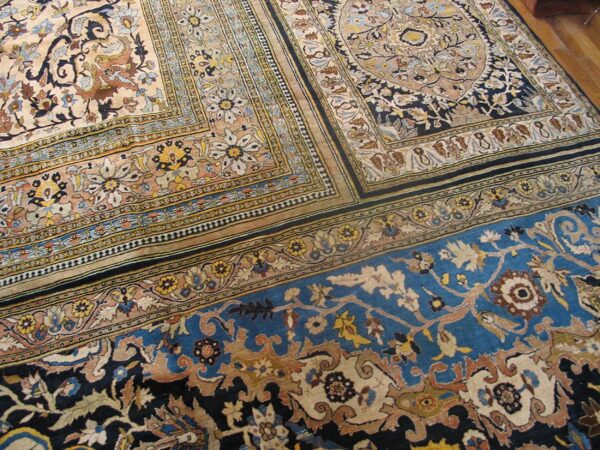 Antique persian tabriz haji jalili triclinium carpet 15'6"×22'10" tan & navy, circa 1880 - detail view 4