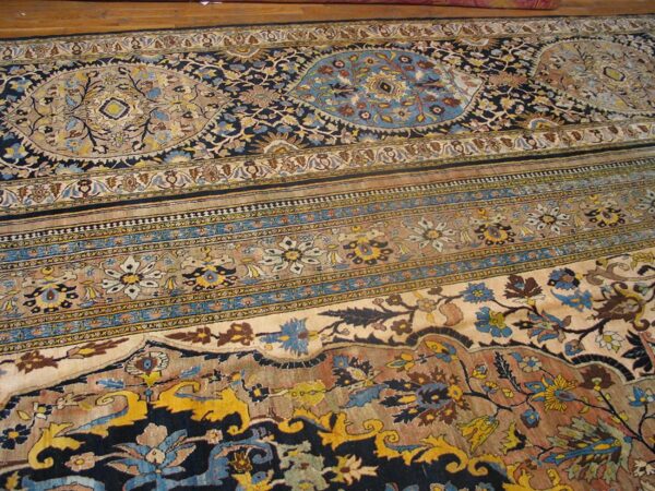 Antique persian tabriz haji jalili triclinium carpet 15'6"×22'10" tan & navy, circa 1880 - detail view 5