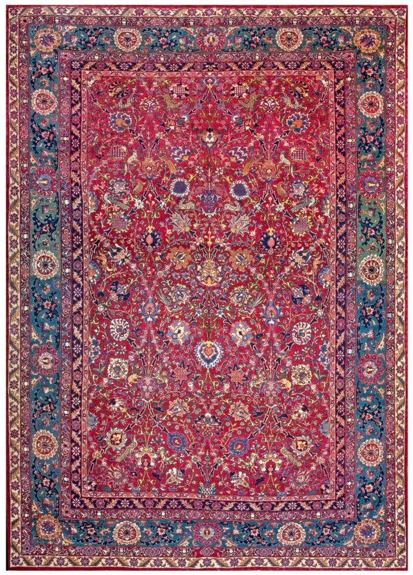 Antique persian tehran carpet 7'2"×10'2" wool & silk, claret field, teal blue border, circa 1930