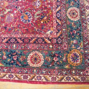 Antique Persian Tehran Carpet 7'2"×10'2" Wool & Silk, Claret Field, Teal Blue Border, Circa 1930 - detail view 1