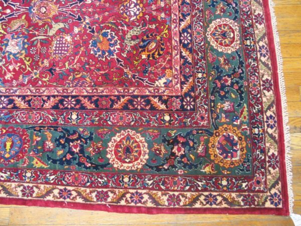 Antique persian tehran carpet 7'2"×10'2" wool & silk, claret field, teal blue border, circa 1930 - detail view 1
