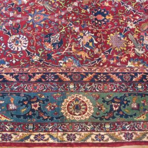 Antique Persian Tehran Carpet 7'2"×10'2" Wool & Silk, Claret Field, Teal Blue Border, Circa 1930 - detail view 2