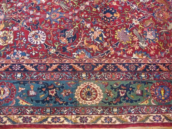 Antique persian tehran carpet 7'2"×10'2" wool & silk, claret field, teal blue border, circa 1930 - detail view 2