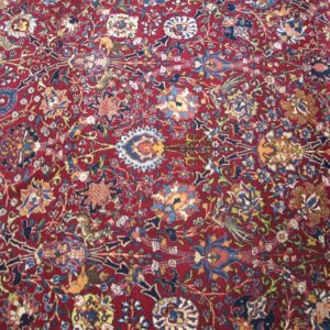 Antique Persian Tehran Carpet 7'2"×10'2" Wool & Silk, Claret Field, Teal Blue Border, Circa 1930 - detail view 3