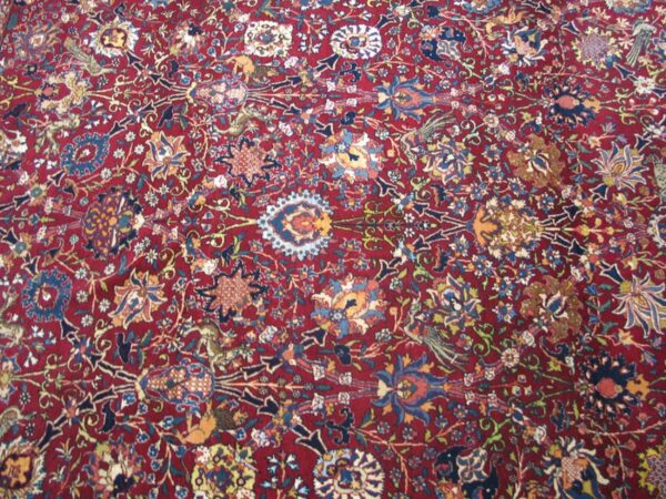 Antique persian tehran carpet 7'2"×10'2" wool & silk, claret field, teal blue border, circa 1930 - detail view 3