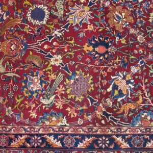 Antique Persian Tehran Carpet 7'2"×10'2" Wool & Silk, Claret Field, Teal Blue Border, Circa 1930 - detail view 4