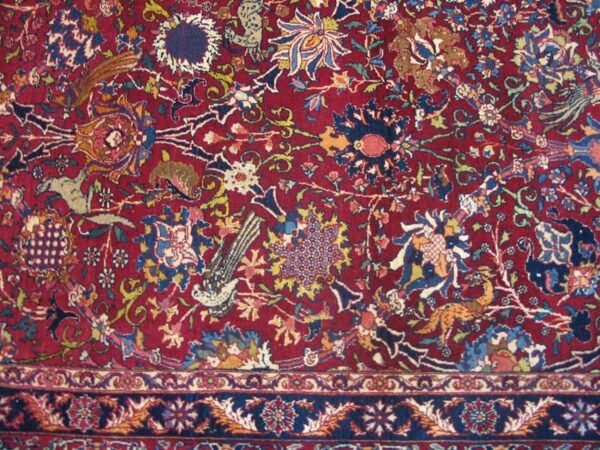 Antique persian tehran carpet 7'2"×10'2" wool & silk, claret field, teal blue border, circa 1930 - detail view 5