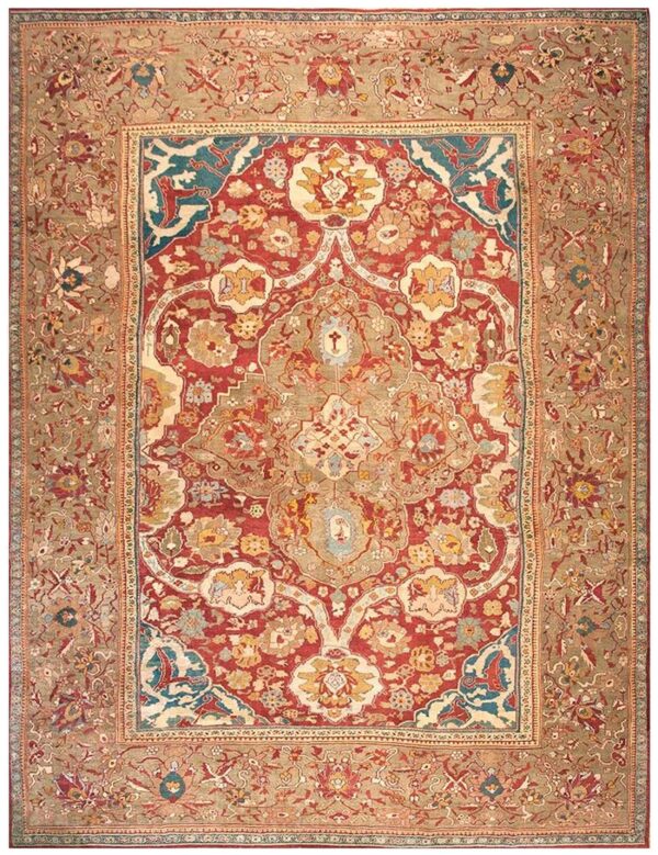 Antique persian ziegler sultanabad rug, red & blue field, tan border