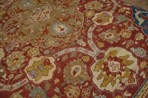 Antique persian ziegler sultanabad rug, red & blue field, tan border - detail view 4