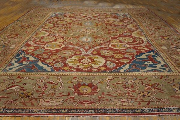 Antique persian ziegler sultanabad rug, red & blue field, tan border - detail view 5