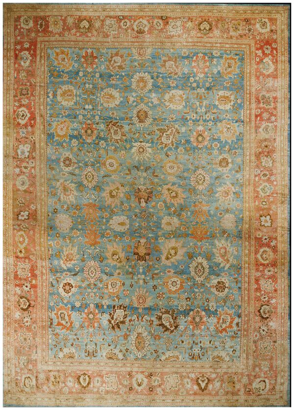 Antique persian ziegler sultanabad 17'×24' sky blue, coral red, circa 1880