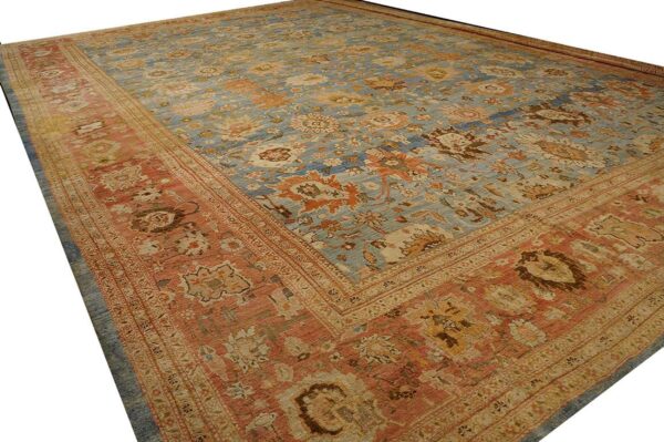 Antique persian ziegler sultanabad 17'×24' sky blue, coral red, circa 1880 - detail view 1