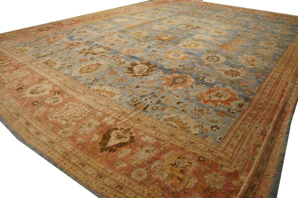 Antique persian ziegler sultanabad 17'×24' sky blue, coral red, circa 1880 - detail view 2