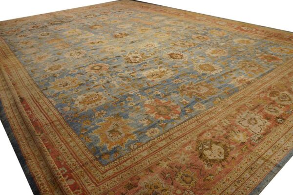 Antique persian ziegler sultanabad 17'×24' sky blue, coral red, circa 1880 - detail view 3
