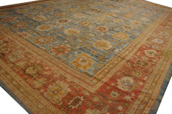 Antique persian ziegler sultanabad 17'×24' sky blue, coral red, circa 1880 - detail view 4