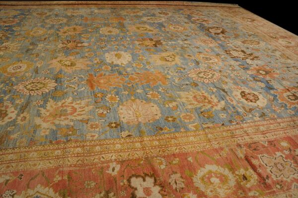 Antique persian ziegler sultanabad 17'×24' sky blue, coral red, circa 1880 - detail view 5