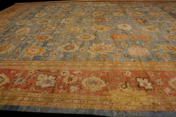 Antique persian ziegler sultanabad 17'×24' sky blue, coral red, circa 1880 - detail view 6