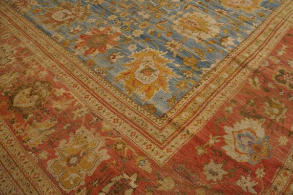 Antique persian ziegler sultanabad 17'×24' sky blue, coral red, circa 1880 - detail view 7