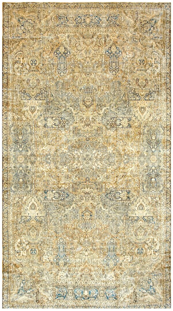 Antique s. E. Persian kirman carpet 11'8"×21'6" buff field, buff border, monumental gallery format, circa 1920