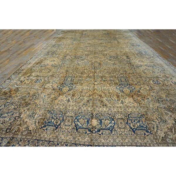 Antique s. E. Persian kirman carpet 11'8"×21'6" buff field, buff border, monumental gallery format, circa 1920 - detail view 1