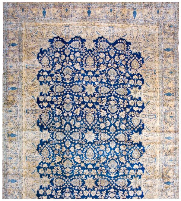 Antique s. E. Persian kirman carpet 11'10"×23'10" navy floral, rose border, circa 1920