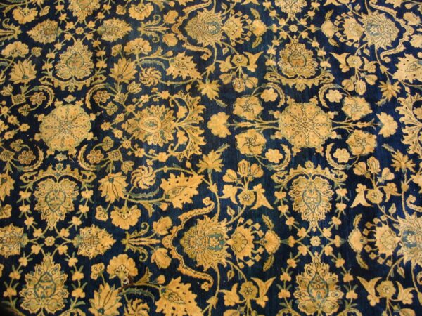 Antique s. E. Persian kirman carpet 11'10"×23'10" navy floral, rose border, circa 1920 - detail view 10