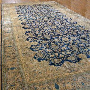 Antique S.E. Persian Kirman Carpet 11'10"×23'10" Navy Floral, Rose Border, Circa 1920 - detail view 1