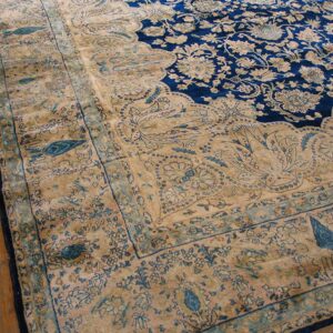 Antique S.E. Persian Kirman Carpet 11'10"×23'10" Navy Floral, Rose Border, Circa 1920 - detail view 2