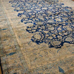 Antique S.E. Persian Kirman Carpet 11'10"×23'10" Navy Floral, Rose Border, Circa 1920 - detail view 3