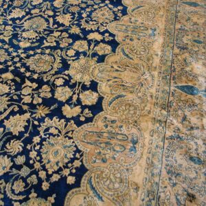 Antique S.E. Persian Kirman Carpet 11'10"×23'10" Navy Floral, Rose Border, Circa 1920 - detail view 4