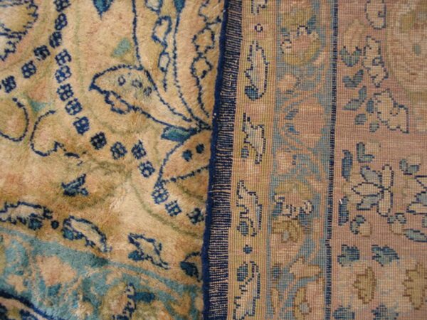 Antique s. E. Persian kirman carpet 11'10"×23'10" navy floral, rose border, circa 1920 - detail view 5