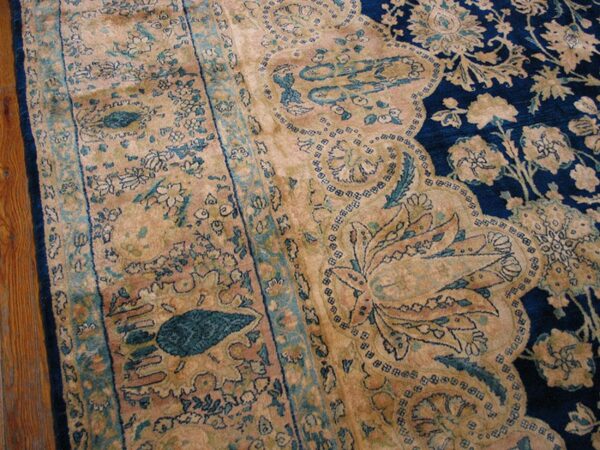 Antique s. E. Persian kirman carpet 11'10"×23'10" navy floral, rose border, circa 1920 - detail view 6