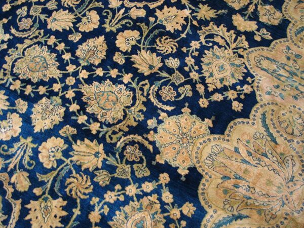 Antique s. E. Persian kirman carpet 11'10"×23'10" navy floral, rose border, circa 1920 - detail view 7