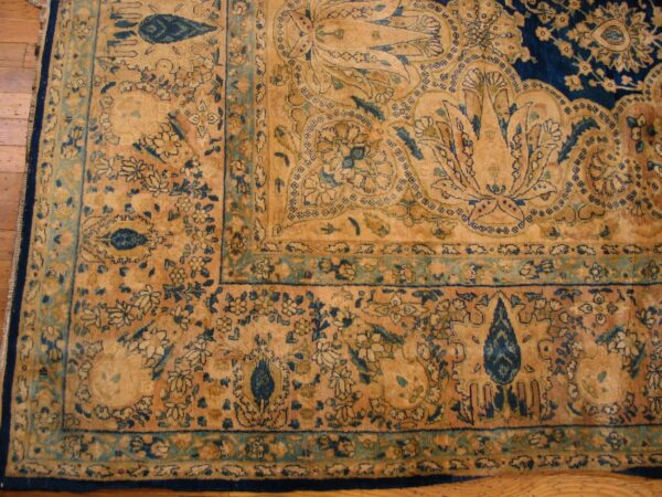 Antique s. E. Persian kirman carpet 11'10"×23'10" navy floral, rose border, circa 1920 - detail view 8