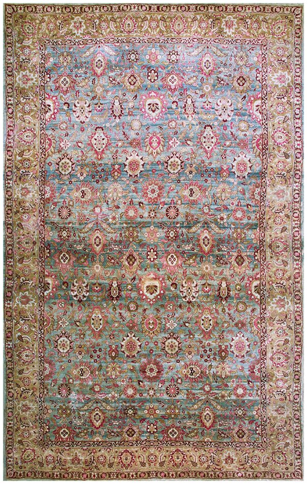 Antique s. E. Persian kirman carpet 11'10"ã—18'6" sky blue field, apricot border, circa 1900
