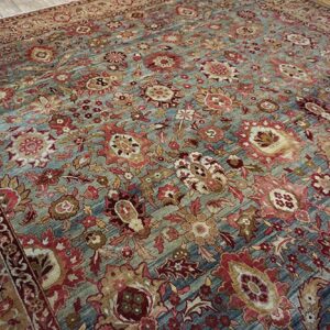 Antique S.E. Persian Kirman Carpet 11'10"Ã—18'6" Sky Blue Field, Apricot Border, Circa 1900 - detail view 9