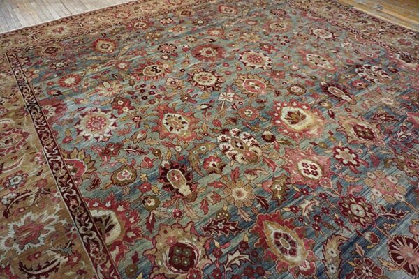 Antique s. E. Persian kirman carpet 11'10"ã—18'6" sky blue field, apricot border, circa 1900 - detail view 9