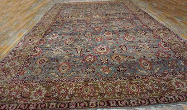 Antique s. E. Persian kirman carpet 11'10"ã—18'6" sky blue field, apricot border, circa 1900 - detail view 1