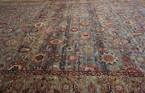 Antique s. E. Persian kirman carpet 11'10"ã—18'6" sky blue field, apricot border, circa 1900 - detail view 3