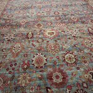 Antique S.E. Persian Kirman Carpet 11'10"Ã—18'6" Sky Blue Field, Apricot Border, Circa 1900 - detail view 5