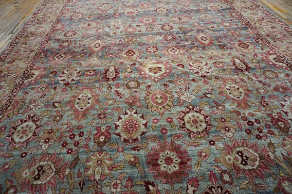 Antique s. E. Persian kirman carpet 11'10"ã—18'6" sky blue field, apricot border, circa 1900 - detail view 5